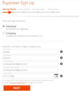 Fill in your personal data payoneer